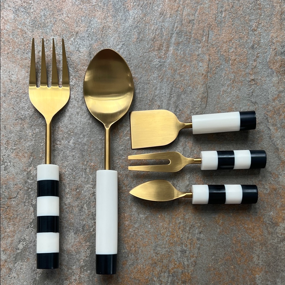 NWOT Gold colored metal Black and white Striped Flatware serving  Set